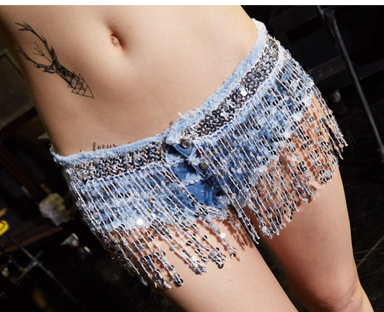 W25048 Sexy Denim Shorts Tassel Sequined Hot Shorts Low Waist  Ladies Clothing